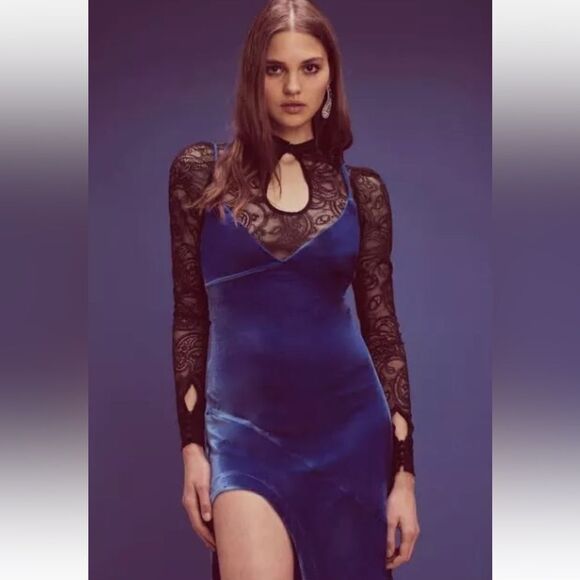 For Love And Lemons Maxi Dress Womens Sz M  Cobalt Blue Velvet Full Length Open - Picture 3 of 16